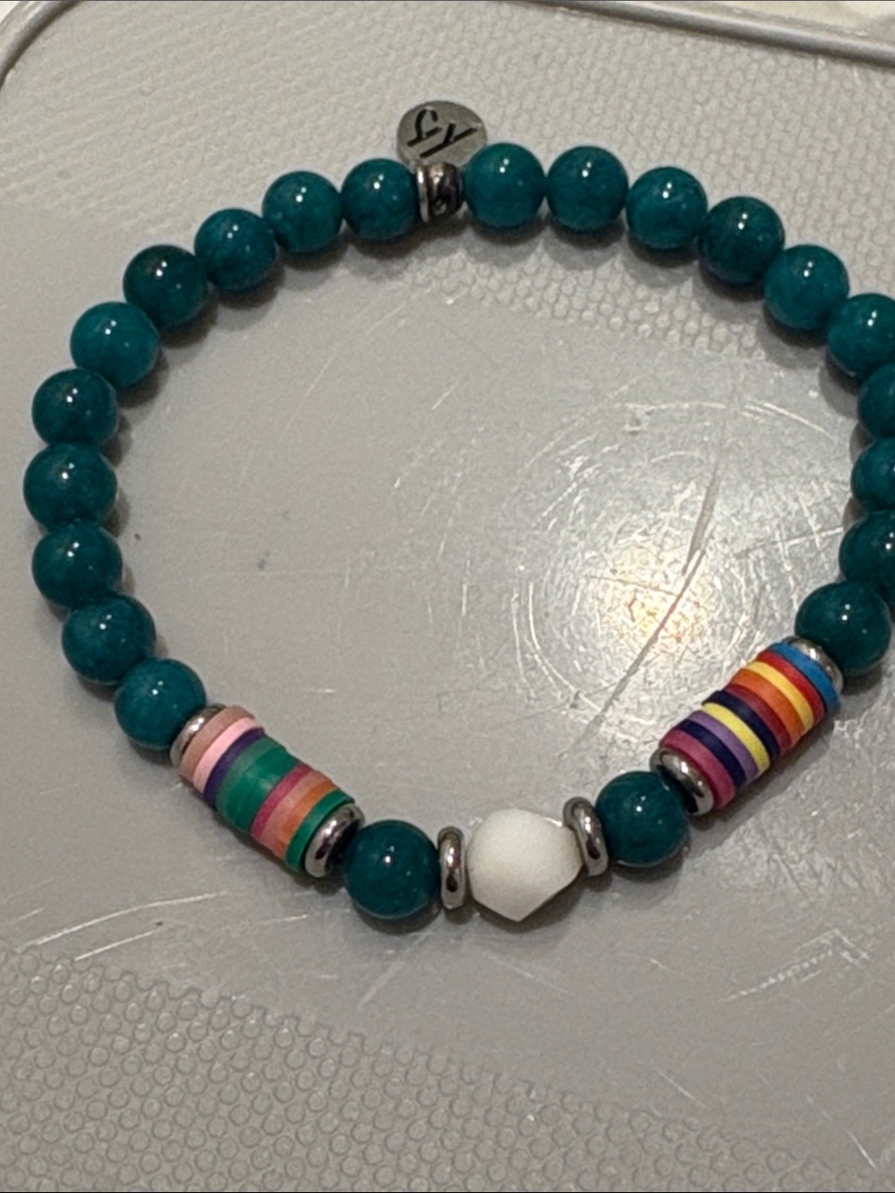 Teal Beaded Stretch Bracelet with Multicolor Accents